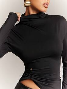 Hauture Women's High Neck Casual Long Sleeves Top With Ruched Detail At Waist - Black - View 4