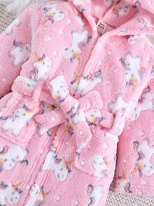 Cozy Pixies Baby Girl Cartoon Animal Print Brushed Hooded Long Sleeve Tie-Waist Robe, Thick Plush Fabric Suitable For Winter - Pink - View 3