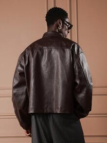 SUMWON Boxy Fit Men's Oversized Leather Bomber Jacket With Ribbed Collar And Full Zip Closure For Fall Winter - Brown - View 3