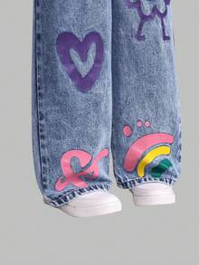 SHEIN ChillGRL 女童花朵、心形和彩虹涂鸦印花休闲舒适柔软牛仔连体裤