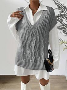 Chiquease Áo len chui đầu cổ chữ V màu trơn thường ngày cho nữ, mùa thu - Xám - Xem 5