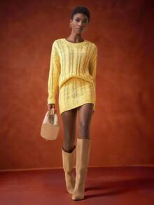 Zivah Winter New Styles, Christmas, New Year, Wedding Season, Valentine's Day, Birthday Parties, Graduation Season, Daily Outings, Basic, Versatile, Casual Vacation, Cruise Travel, Casual Elegance, Commuting, Street European Style, Simple Style, Women's Holiday Outfits, Round-Neck Long-Sleeved Loose Sweater + Mini Skirt, Cut-Out See-Through Woolen Suit, Women's Sweater Two-Piece Set - Yellow - View 1