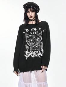 ROMWE Goth Suéter holgado con diseño desgastado de cabeza de gato gótico - Negro - Ver 6