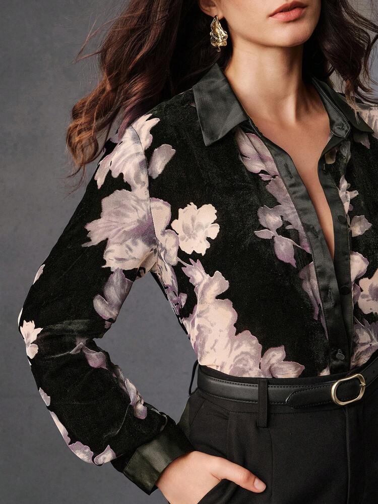 Women's Fashionable Vintage Velvet Floral Print Casual Loose Long Sleeve Shirt