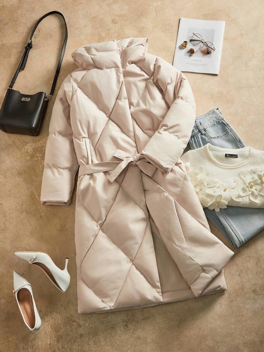 Anewsta 厚款长款连帽绗缝女式夹克 - 米色 - 查看 1