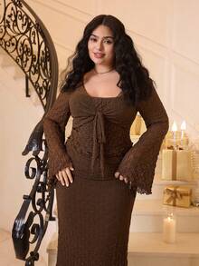 SHEIN MOD Bộ váy đuôi cá tay loe họa tiết gợn sóng màu nâu cỡ lớn, bộ 2 món họa tiết cổ điển cho mùa thu/đông - màu nâu - Xem 6