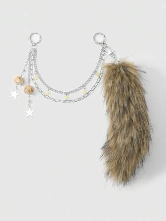 Goth 1 pieza Accesorio de llavero o bolso con decoración de bola de peluche de animal degradado marrón, cadena de doble capa de alta calidad, estilo retro Y2K, adecuado para cosplay, uso diario o regalo de vacaciones