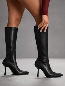 CUCCOO SZL 性感时尚纯色尖头高跟漆皮鞋跟休闲百搭女士过膝长靴 - 黑色 - 查看 8