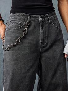 ROMWE MEN Street Life Men's Letter & Wing Graphic Wide Leg Casual Loose Fit Jeans, Street Fashion - Black - View 2