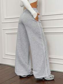 SHEIN PETITE Women's Fall/Winter Minimalist Basic Daily Wear Streetwear Casual Sportswear French Grey Baggy Low Rise Wide Leg Sweatpants - Grey - View 2