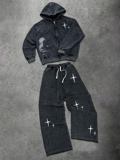 Manfinity EMRG Conjunto de sudadera con capucha y pantalones de chándal casual y desgastado para hombres