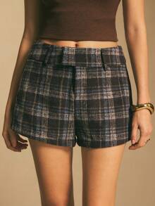 Poéselle 女士休闲格子印花短裤，羊毛短裤，美式复古风，方格短裤，格子短裤，新年款，适合日常穿着、派对、外出、通勤、秋冬季 - 棕色 - 查看 4