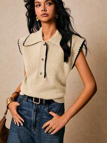 Poéselle 女士休闲花卉饰边 Polo 领针织背心，秋冬季 - 杏色 - 查看 4