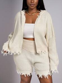 Slaydiva 2025 秋冬新品 纯色卡其色流苏连帽短裤针织套装 大码女装 - 卡其色 - 查看 11