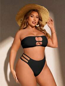 Swim SXY Große Größen Sommer Strand Bikini Set mit einfarbigem Cut Out-Design, trägerlosem Top und Bikinihose in Dreiecksform