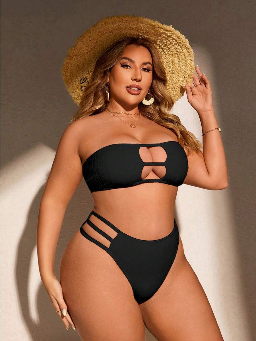 Swim SXY Große Größen Sommer Strand Bikini Set mit einfarbigem Cut Out-Design, trägerlosem Top und Bikinihose in Dreiecksform