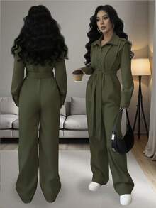 Chiquease 女士休闲百褶连体裤，宽松长袖，适合秋冬季，日常穿着，通勤，时尚 - 軍綠色 - 查看 1