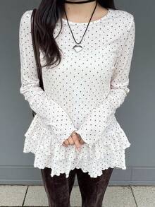 FRIFUL 女士波点印花荷叶边长袖衬衫，夏季