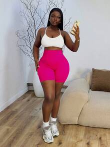 Core Rhythm High Waist Solid Color Fitted Casual Breathable Sports Shorts - Hot Pink - View 5