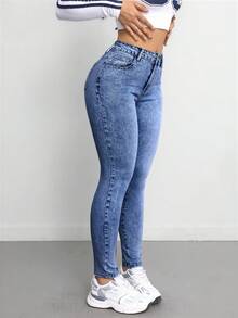 SHEIN Tall CURVE 大码女式蓝色牛仔弹力紧身裤 - 深色水洗藍 - 查看 4