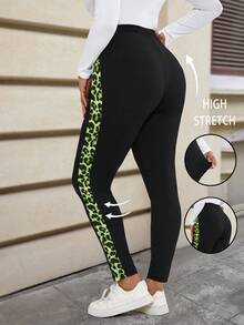 EMERY ROSE Leggings de estampado de leopardo con parches, de estiramiento, de talla grande, de uso casual y diario, para otoño - Verde - Ver 1