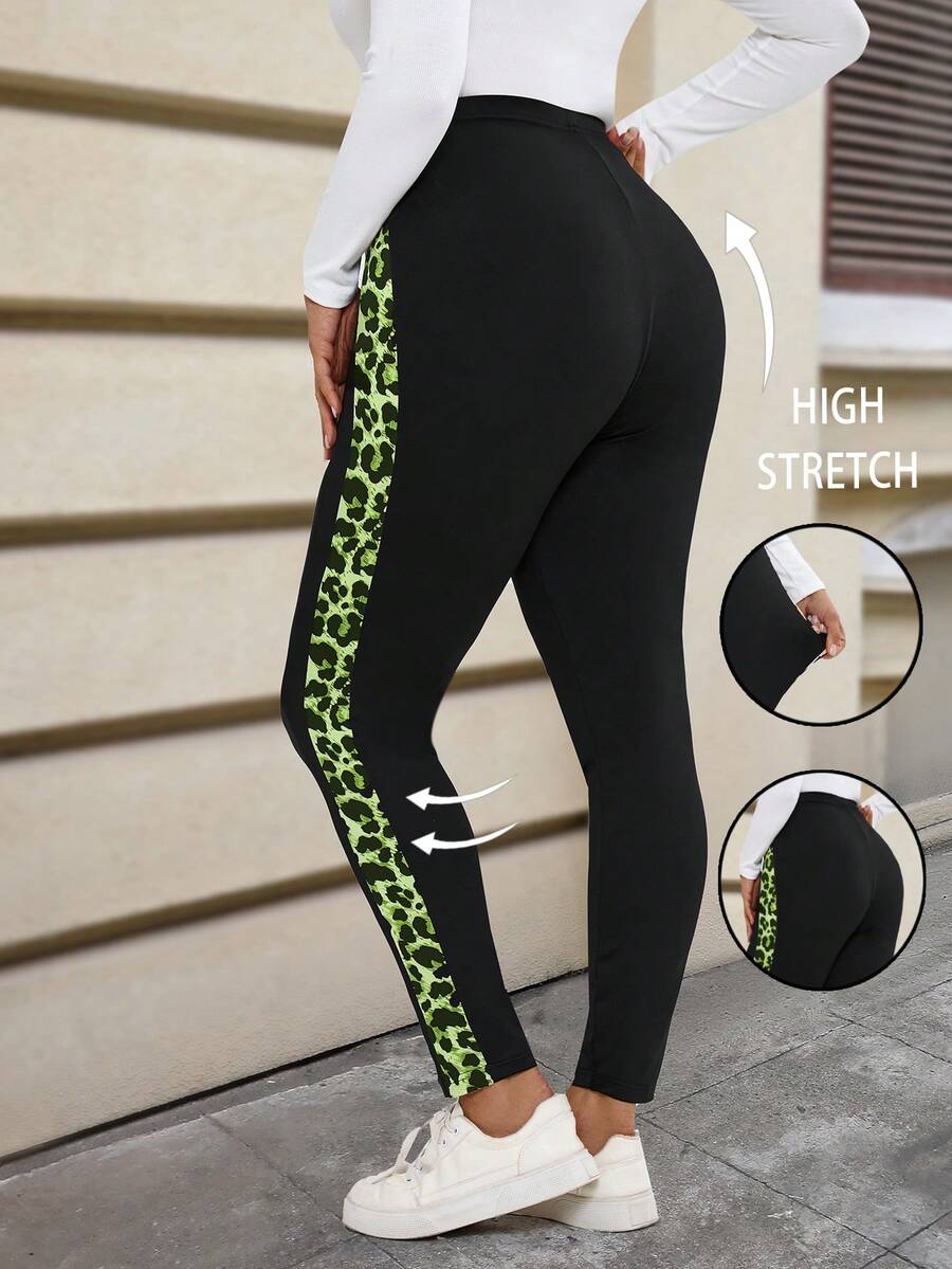 EMERY ROSE Leggings de estampado de leopardo con parches, de estiramiento, de talla grande, de uso casual y diario, para otoño - Verde - Ver 1