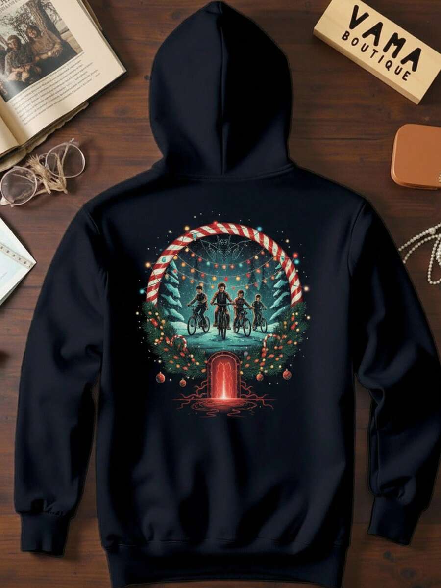 Dama sudadera casual urbana estampado creativo tela suave ajuste holgado capucha manga larga otoño invierno uso diario sudadera - Negro - Ver 1