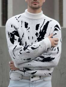 Manfinity Homme 男士圆领针织毛衣，适合秋冬季，适合家庭聚会、日常穿着和作为礼物 - 白色 - 查看 3