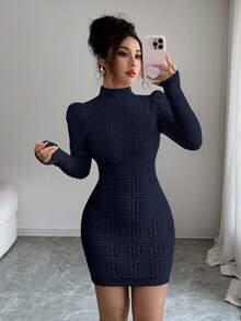 Elenzga Vestido de suéter de mujer con cuello alto, elegante, de Body ceñido y textura acanalada en la cintura - Azul Marino - Ver 1