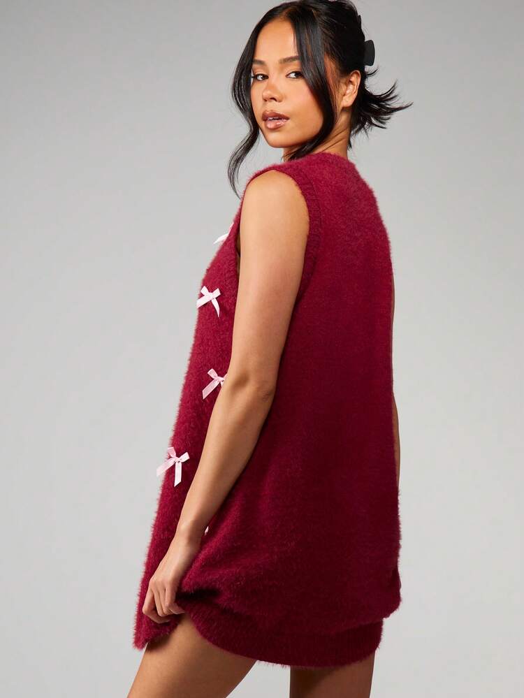 MISSGUIDED Christmas Burgundy Sleeveless Knitted Mini Dress With White Bow Appliques Cozy Chunky Knit Winter Holiday Sweater Dress Christmas