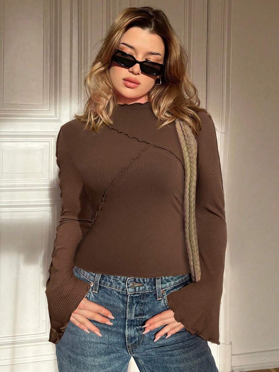 Siren Gaze Women's Solid Color Pleated Ruffle Trim Long Sleeve Casual Blouse Winter Brown Spring - Coffee Brown - View 1