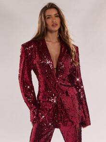 SHEIN BAE Autumn/Winter New High-End Shiny Sequin Blazer Jacket, Elegant Lady Long Sleeve Suit Top, Women's For Concerts, Music Festivals, Parties - Burgundy - View 7