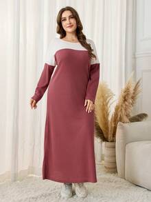 Lacomfia Váy len Waffle họa tiết khối màu cho nữ, cài nút vai, tay dài, dáng rộng thanh lịch cỡ lớn - Đỏ và trắng - Xem 5