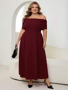 SHEIN CURVE+ 大码女士优雅简约时尚浪漫性感连衣裙，露肩高腰A字伞裙，适合度假、通勤、约会，灰色长款连衣裙 - 紅色 - 查看 9