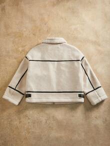 Anewsta Áo khoác ngắn rộng rãi chất liệu vải nỉ dày và giả da chắp vá - Màu be - Xem 2