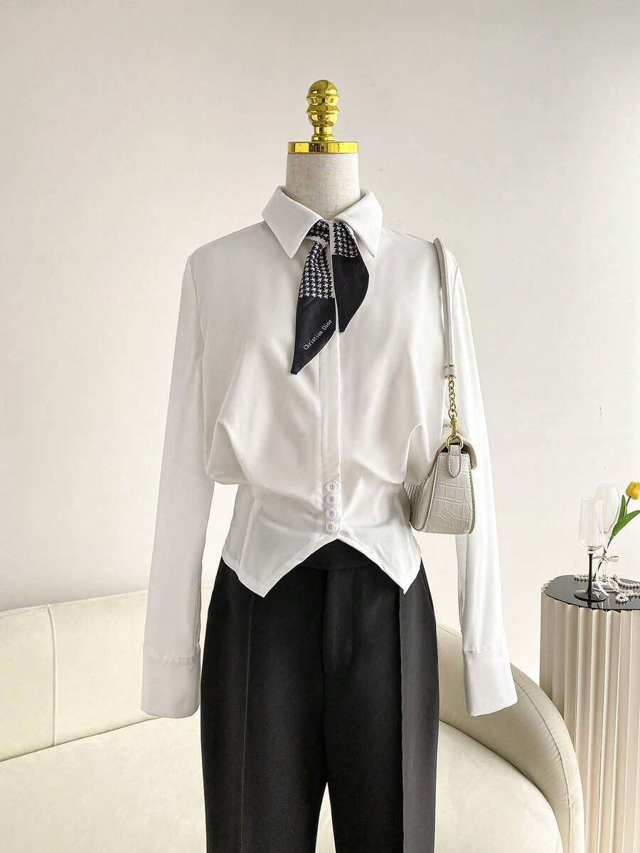 SHEIN LUNE 女士宽松休闲百搭长袖衬衫 - 白色 - 查看 1