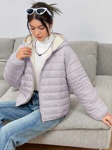 SHEIN 少女基础款灰色面料保暖绗缝短款连帽外套，冬季