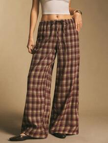 Poéselle 女士格子阔腿休闲裤 – 高腰抽绳法兰绒长裤，带口袋，打造舒适休闲风格。格子休闲裤，阔腿法兰绒长裤，抽绳裤，女士舒适秋季家居服，格子睡裤，高腰休闲裤，舒适格纹宽松版型格子裤，女士格子休闲日常裤，阔腿裤。 - 酒紅色 - 查看 4
