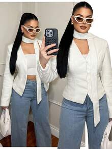 SHEIN SXY Eleganter weißer Blazer mit Gürtel - Weiss - Übersicht 5