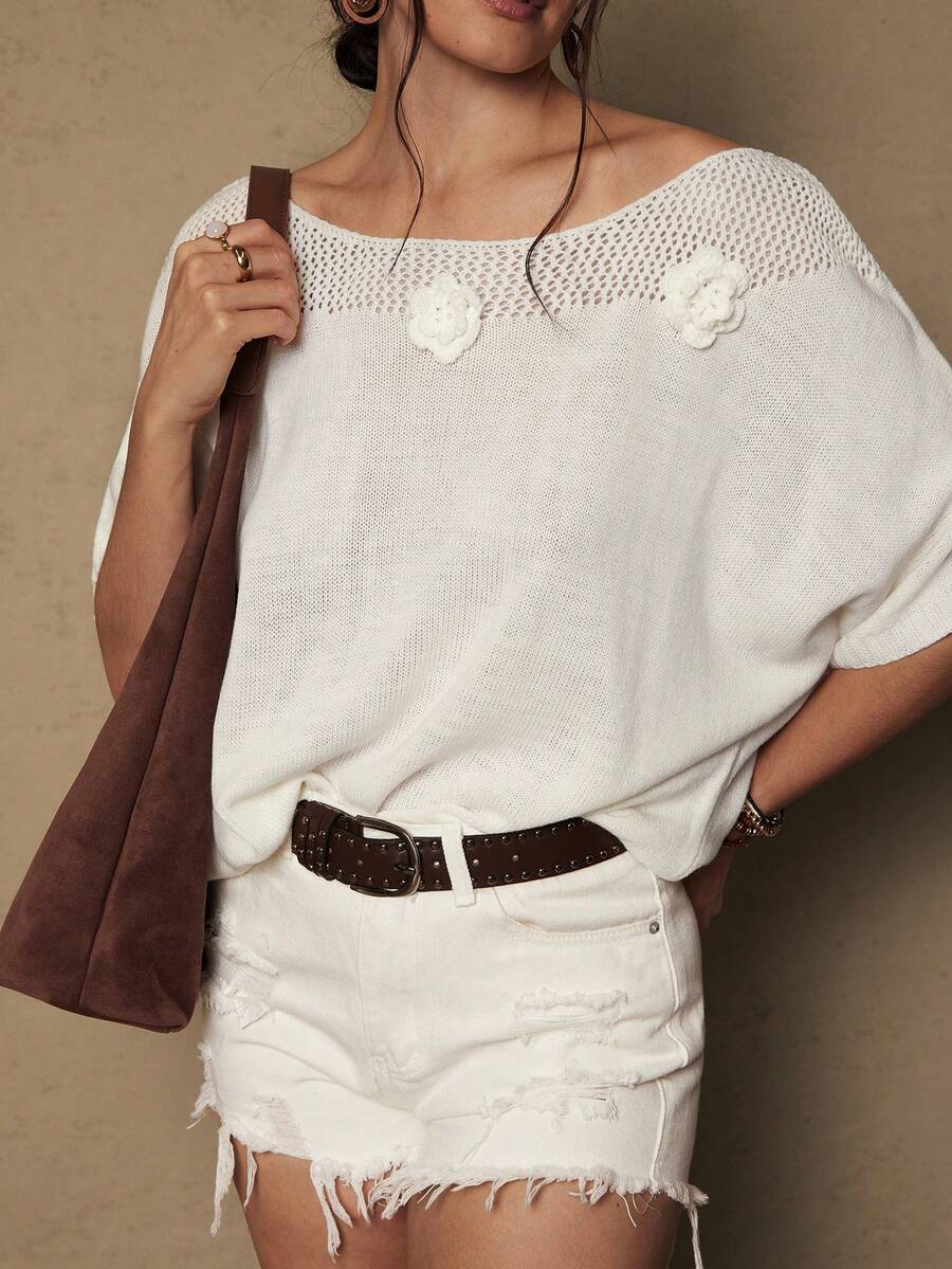 Freevana 大码女式纯色蝙蝠袖花卉装饰优雅套头毛衣 - 白色 - 查看 1