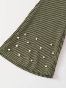 Elladie kids Girls' Spring/Autumn Casual Shirt Set, Green 3D Bow Design, Beaded Knit Ribbed Fabric, White Long Sleeve Ruffle Hem Shirt Top Paired With Khaki Pearl Flared Pants, 2pcs Outfit, Suitable For Back To School, Casual, Fashion, Sweet, Comfortable Outdoor Travel Set Outfit For Women Pants And Top Set Teen Girl Outfit Set Green Outfit Full Outfit Set - Army Green - View 9