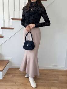 FRIFUL 女士时尚性感透视修身高领长袖上衣 - 黑色 - 查看 5