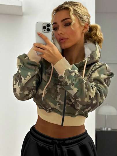 Rovax Bluza z kapturem w stylu ulicznym, z nadrukiem w kamuflażu i blokami kolorów, modna kurtka z otwartym przodem, idealna na jesień i zimę, damska bluza z kapturem, bluza z kapturem na jesień/zimę, prezent damski, świąteczna bluza z kapturem, modna, stylowa bluza z kapturem, prezent dla rodzeństwa, prezent dla siostry, zabawna bluza z kapturem, swobodna i minimalistyczna bluza z kapturem.