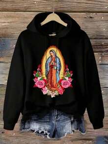 Sudadera para mujer estilo urbano BROOKLYN 1898 NEW YORK estampado textura suave holgada capucha manga larga otoño invierno uso diario hoodie - Negro - Ver 1