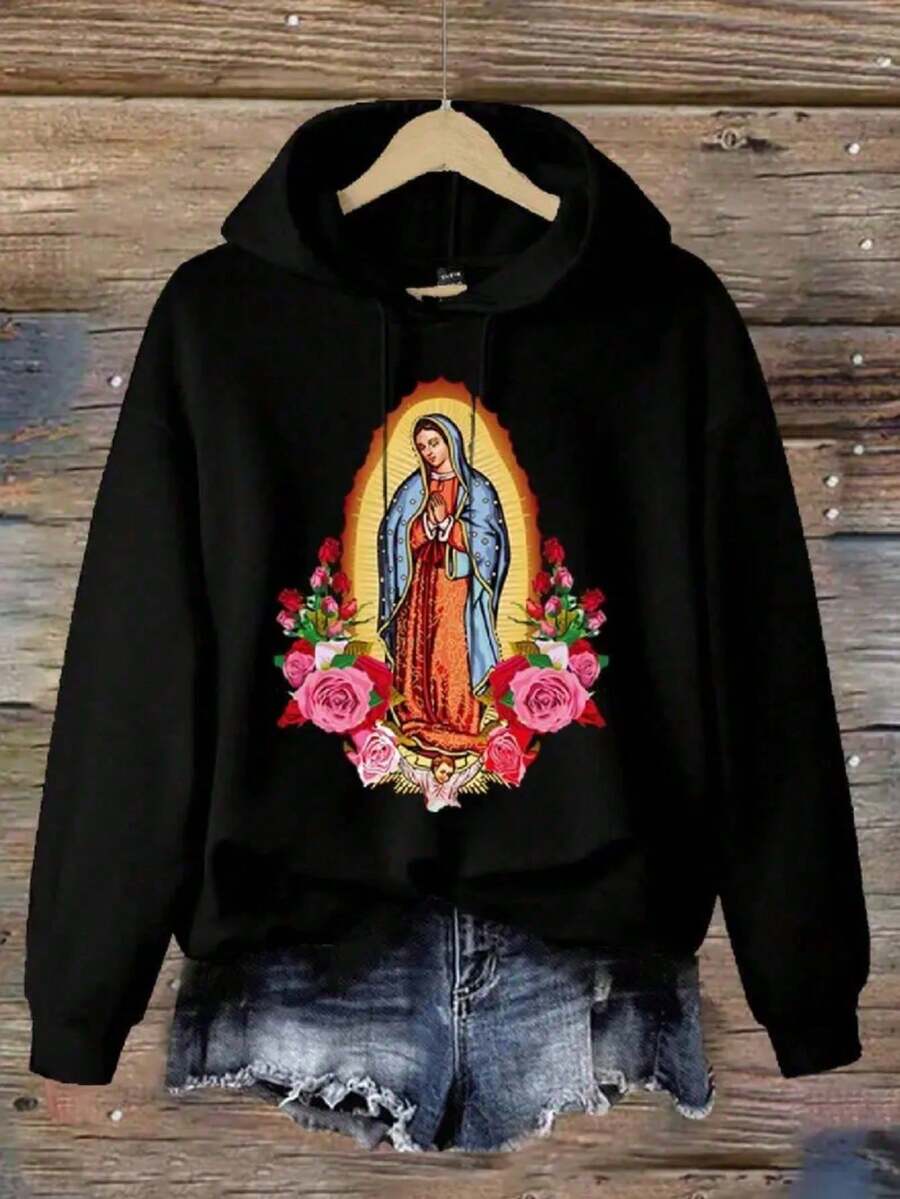 Sudadera para mujer estilo urbano BROOKLYN 1898 NEW YORK estampado textura suave holgada capucha manga larga otoño invierno uso diario hoodie - Negro - Ver 1