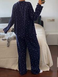 DAZY 碎花宽松舒适女士睡衣套装，秋冬服装 - 藏蓝色 - 查看 2