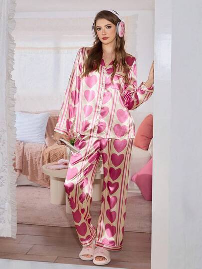 SweetSlumber Elegant Pink Heart Print Satin Robes Pajama Set Adorned With Lapel Neck Long Sleeves And Button Front For Women