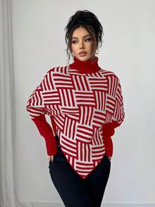 Elenzga Áo len Poncho cổ cao họa tiết hình học thanh lịch dành cho nữ, phối màu, thích hợp mặc ở nhà và đi du lịch, mùa xuân/thu - Đỏ - Xem 6