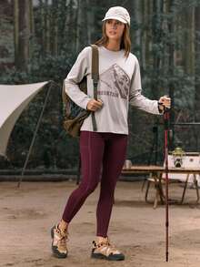 SHEIN In My Nature 女士户外山峰字母印花长袖宽松T恤，春秋季 - 淺灰色 - 查看 7