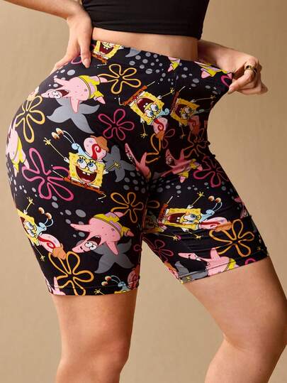 SpongeBob SquarePants | SHEIN Plusstorlek söta tecknade mönster elastiska leggingsshorts